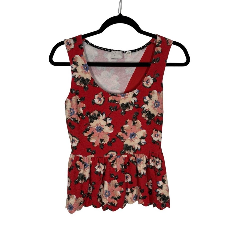 Postmark Anthropologie Women S Red Floral Clovelly Scalloped Peplum Tank Top